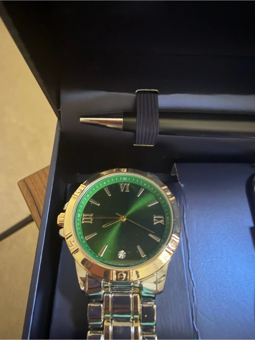 Bon Voyage Gift Set - Green Dial Watch, Black Pen & Leather Keychain
